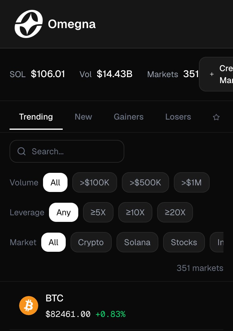 Omegna terminal on a phone: the market list with live prices